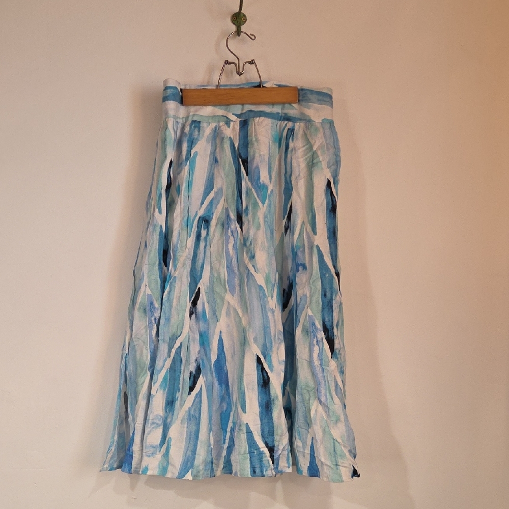 Joan Vass Blue White Abstract Shard Print Jersey Midi Skirt Sz L